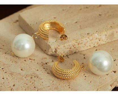 Light Luxury Personalized Retro Titanium Steel Gold Plated Imitation Pearl Pendant Earrings