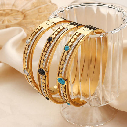 Palace Style Fashion Personality Hollow Titanium Steel Gold Plated Diamond Inlaid Turquoise Bracelet