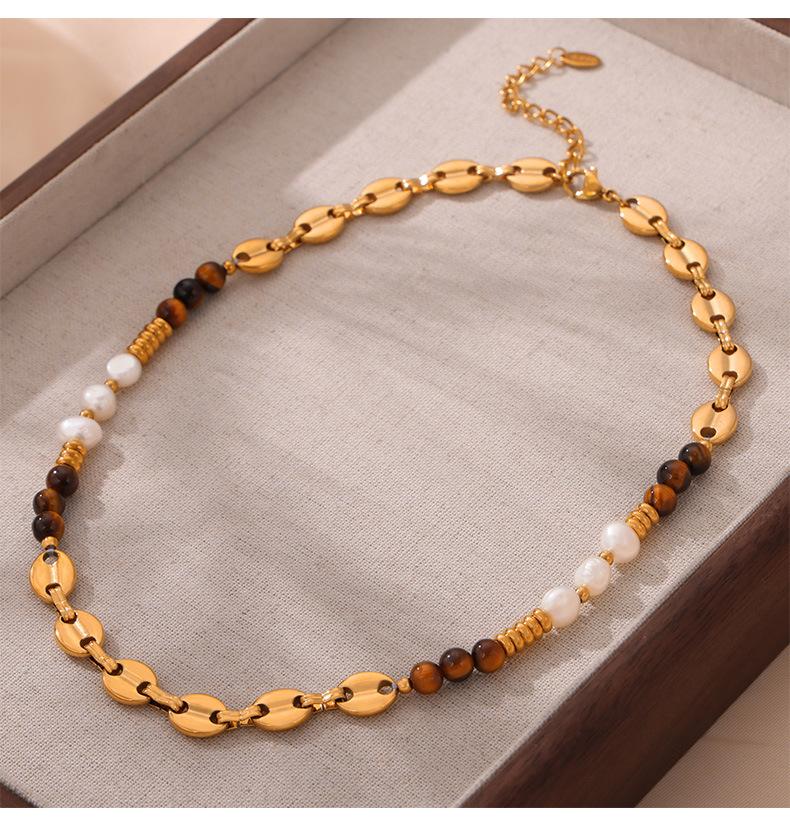 Fashion Retro Court Style Titanium Steel Gold Plated Natural Tiger Eye Freshwater Pearl Handmade Beaded Necklace