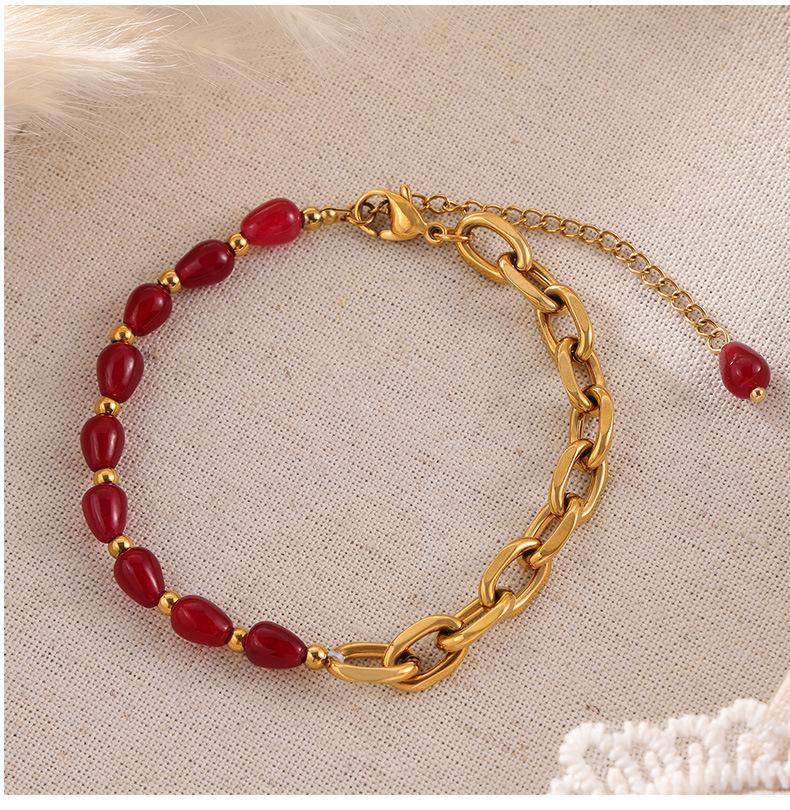 Elegant Jewelry Red Agate Garnet Beaded Design Sense Titanium Steel Gold Plated Jewelry Set