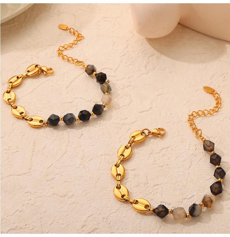 Irregular Natural Stone Titanium Steel Gold Plated Handmade Beaded Necklace Bracelet Set