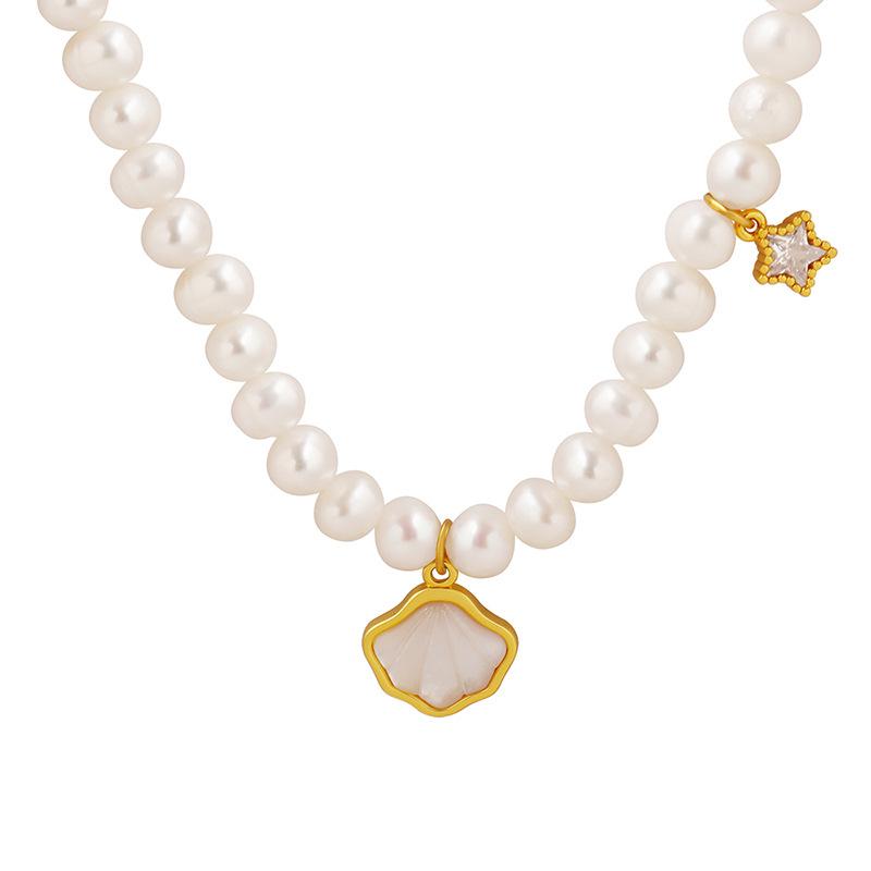 Freshwater Shell With Freshwater Pearl Necklace Multi-material Stitching Zircon Star Necklace