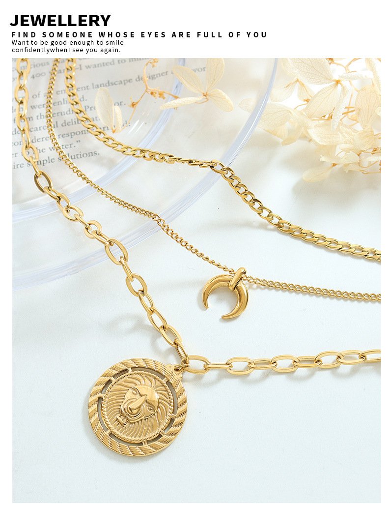 Three Layer Stacked Necklace Moon Lion Round Pendant Clavicle Chain Titanium Steel Plated 18K Gold