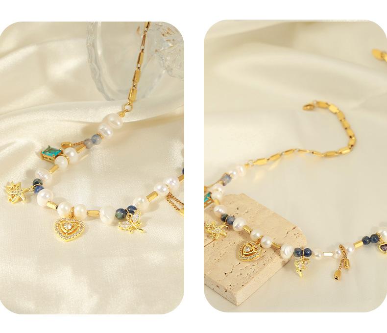 Palace Style Light Luxury Vintage Titanium Steel Gold Plated Freshwater Pearl Natural Stone Handmade Beaded Necklace