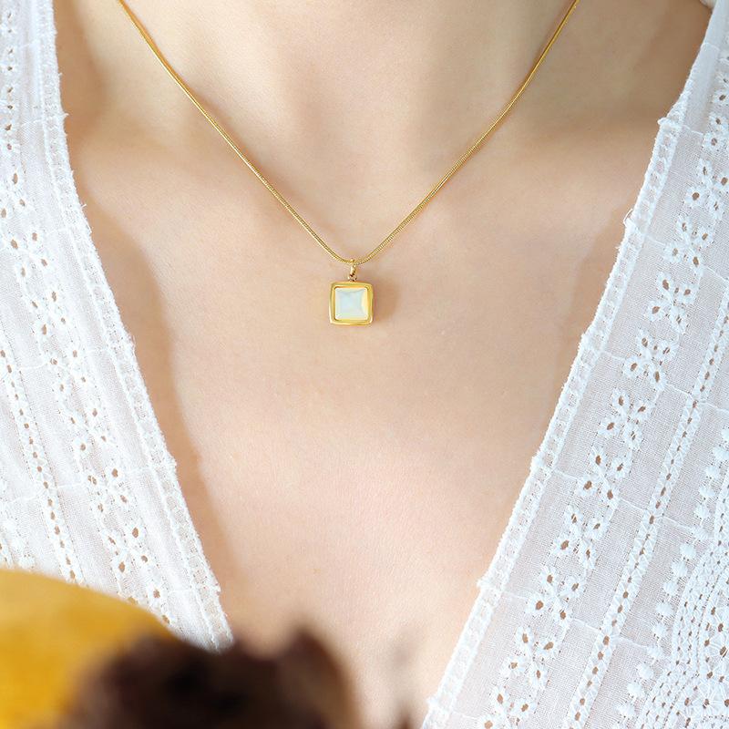 Square White Sea Shells Pendant Necklace Niche Design Titanium Steel Plated 18K Gold