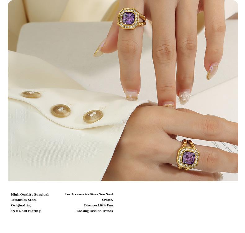 Fashion Personality Ring With Geometric Purple Zircon Green Crystal Stone Jewelry Gold Plated