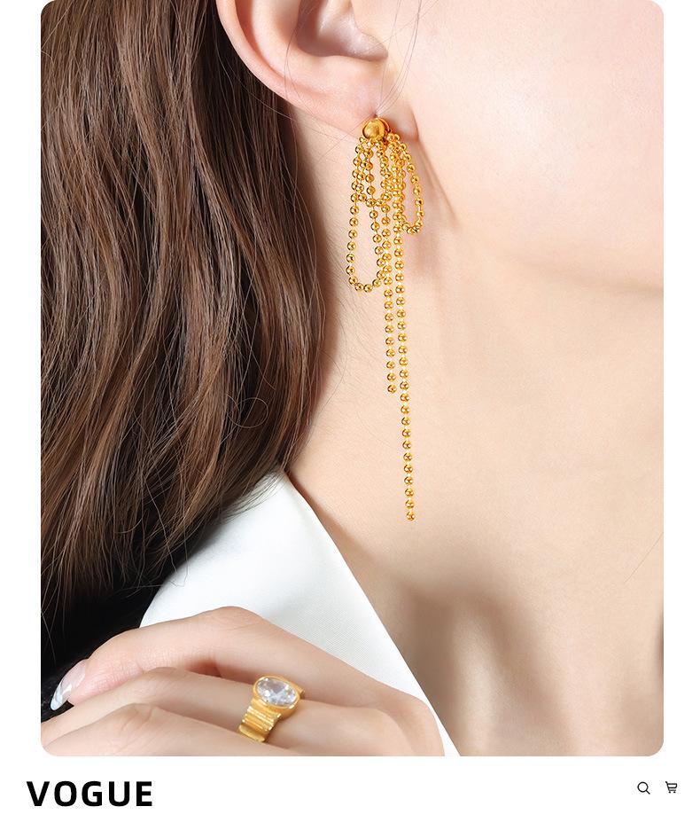 Chain Earrings Titanium Steel Gold Plated Chain Beads Tassel Pendant Stud Earrings