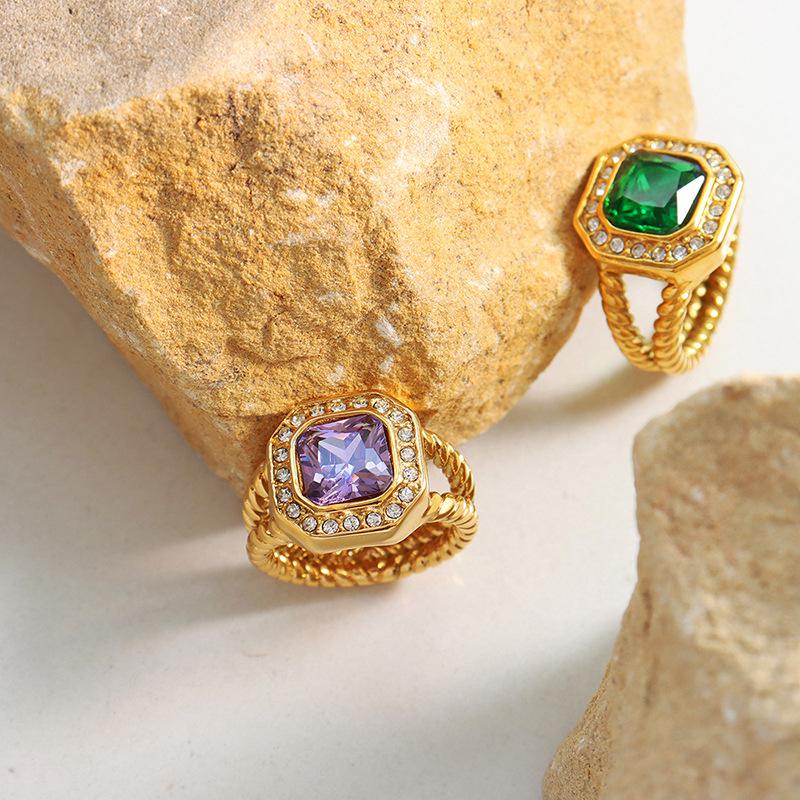 Fashion Personality Ring With Geometric Purple Zircon Green Crystal Stone Jewelry Gold Plated