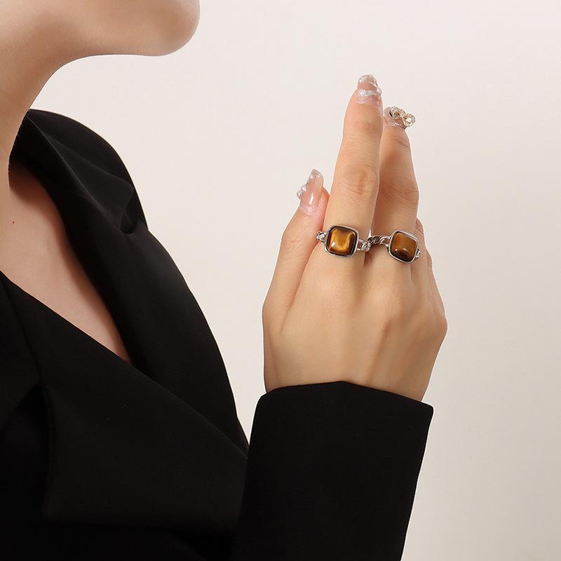 Natural Stone Tiger Eye Inlaid Geometric Open Ring