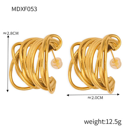 Multi-layer Line Texture Stitching Design Sense Titanium Steel Plated 18k Gold Earrings