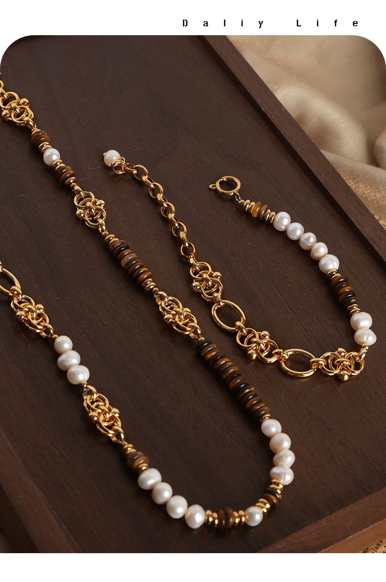 Light Luxury Vintage Natural Tiger Eye Freshwater Pearl Handmade Beaded Necklace Bracelet