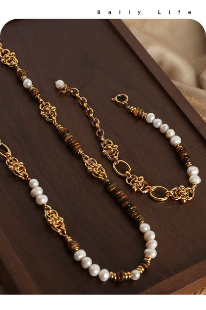 Light Luxury Vintage Natural Tiger Eye Freshwater Pearl Handmade Beaded Necklace Bracelet