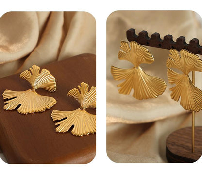 Light Luxury Vintage Fresh All-match Titanium Steel Gold Plated Ginkgo Leaf Earrings