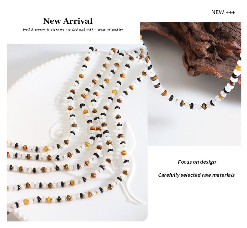 Natural White Jade Tiger Eye Handmade Beaded Black Agate Necklace