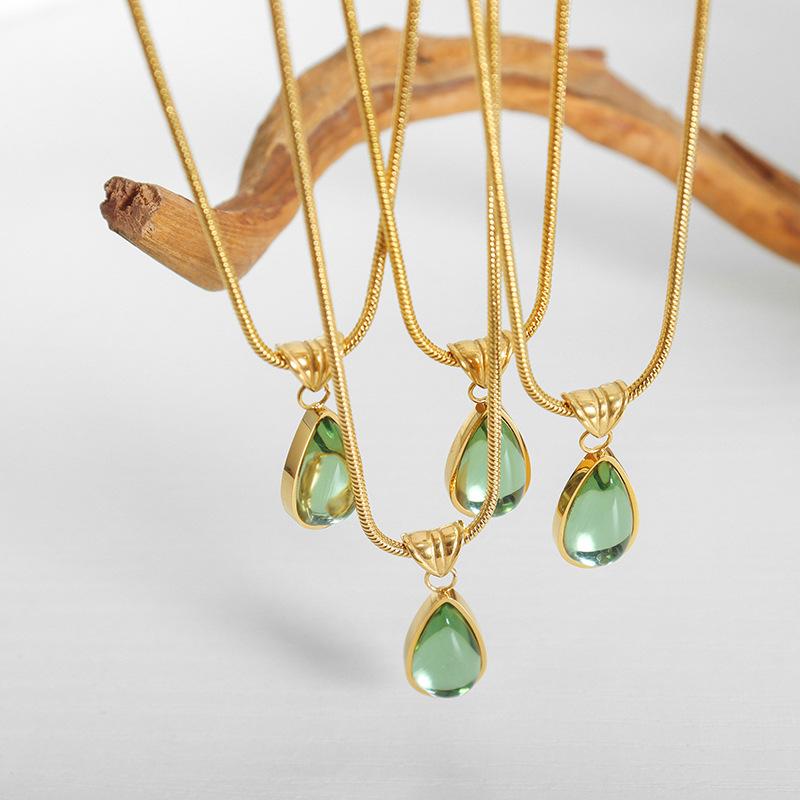 Vintage Olive Green Blue Drop Pendant Necklace