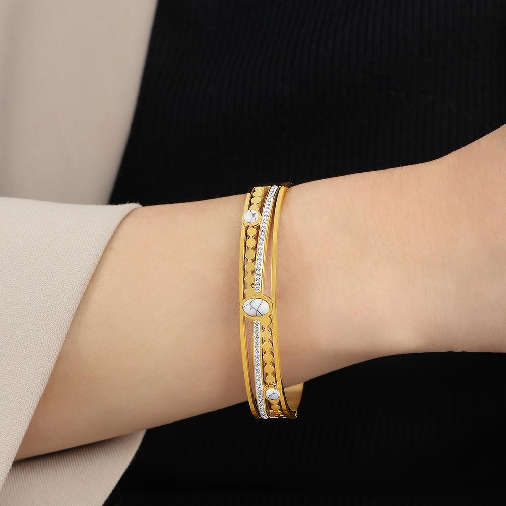 Palace Style Fashion Personality Hollow Titanium Steel Gold Plated Diamond Inlaid Turquoise Bracelet