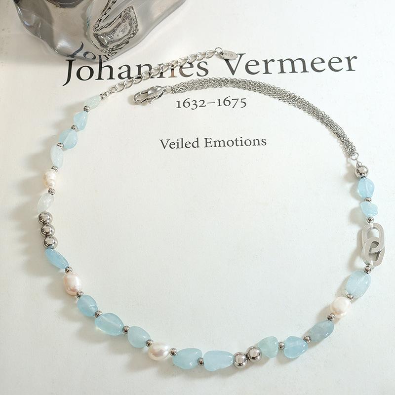 Light Luxury Fashionable Mix And Match Freshwater Pearl Blue Natural Stone Chain Distinctive Necklace