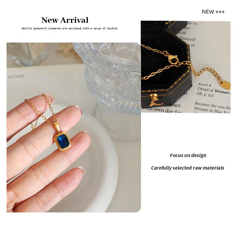 Titanium Steel Plated 18K True Gold Light Luxury Inlaid Blue Crystal Pendant Necklace Handmade Clavicle Chain