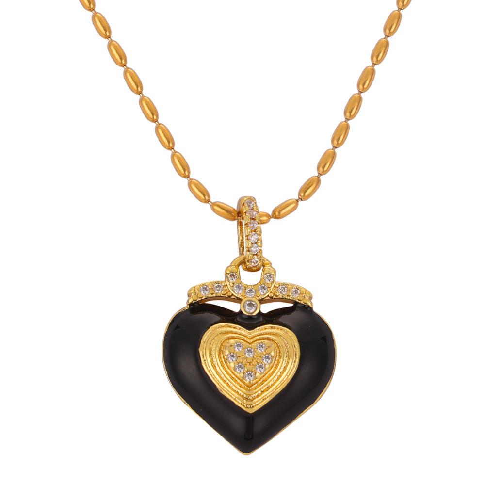 Vintage Light Luxury Enamel Glazed Titanium Steel Gold Plated Diamond Heart Pendant Necklace Women&