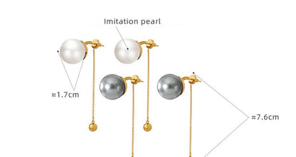 Exaggerated Design Fashion Personality Imitation Pearl White Grey Tassel Earrings Gold Plated Chain Steel Ball Pendant