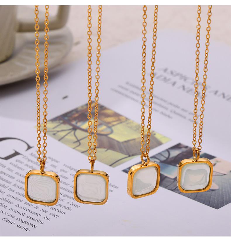 Elegant Geometric Square Brand Resin Design Sense Pendant Titanium Steel Jewelry Set