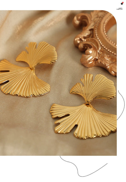 Light Luxury Vintage Fresh All-match Titanium Steel Gold Plated Ginkgo Leaf Earrings