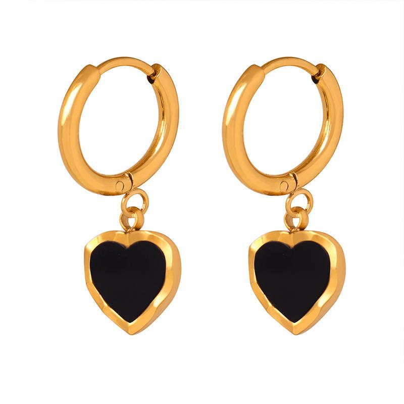 High-grade Light Luxury Personalized Black Drop Glaze Peach Heart Titanium Steel Gold Plated Earrings