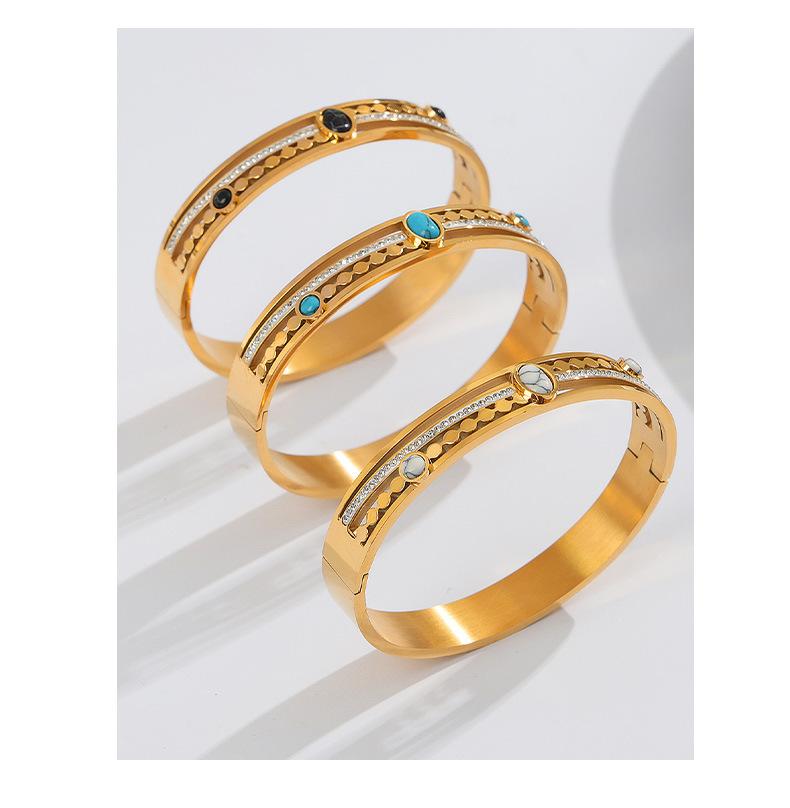 Palace Style Fashion Personality Hollow Titanium Steel Gold Plated Diamond Inlaid Turquoise Bracelet