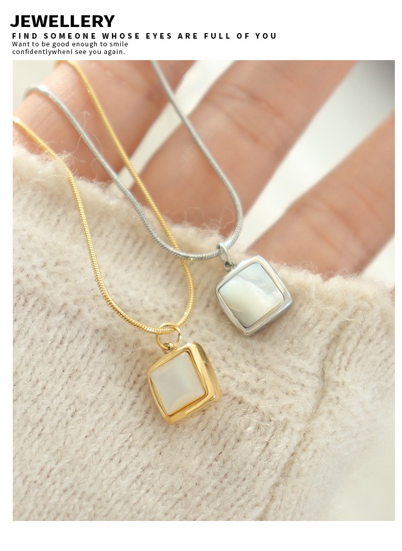 Square White Sea Shells Pendant Necklace Niche Design Titanium Steel Plated 18K Gold