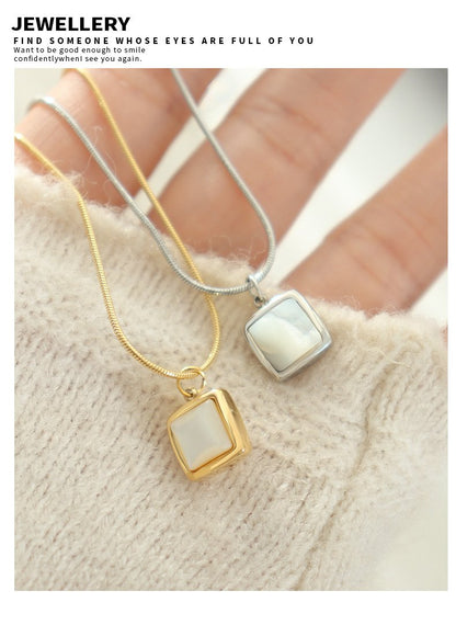 Square White Sea Shells Pendant Necklace Niche Design Titanium Steel Plated 18K Gold