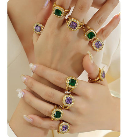 Fashion Personality Ring With Geometric Purple Zircon Green Crystal Stone Jewelry Gold Plated