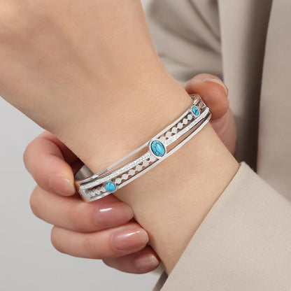 Palace Style Fashion Personality Hollow Titanium Steel Gold Plated Diamond Inlaid Turquoise Bracelet