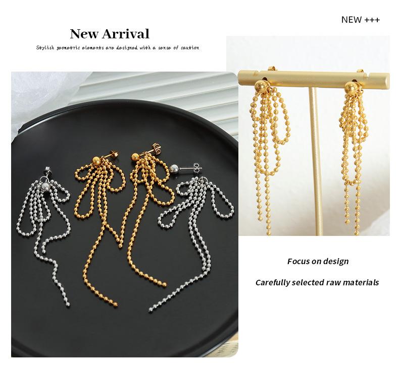 Chain Earrings Titanium Steel Gold Plated Chain Beads Tassel Pendant Stud Earrings