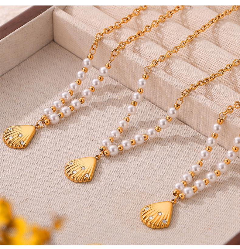 Diamond Shell Shape Design Sense Pendant Freshwater Pearl Titanium Steel Jewelry Set