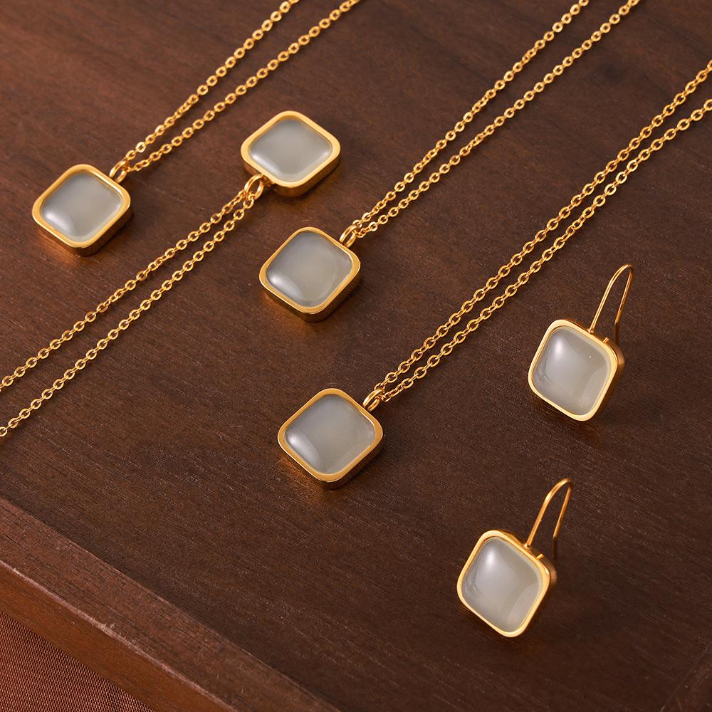 Elegant Geometric Square Brand Resin Design Sense Pendant Titanium Steel Jewelry Set