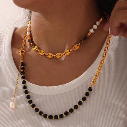 Fashion Retro Court Style Titanium Steel Gold Plated Natural Tiger Eye Freshwater Pearl Handmade Beaded Necklace