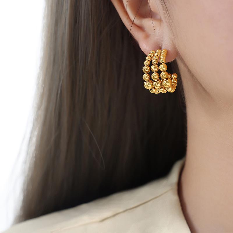 C- Shaped Semi-circular Three-layer Steel Ball Stitching Niche Design Metal Texture Fashion Personality Titanium Steel K-plated Gold Earrings