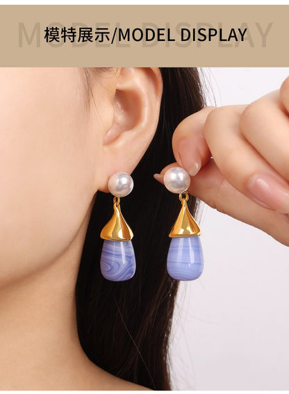 Niche Design Sense Titanium Steel Gold Plated Water Drop Resin Pendant Earrings