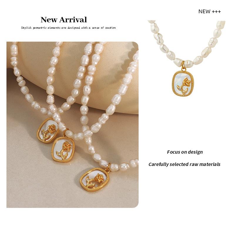 Baroque Freshwater Pearl Oval Diamond Embossed Flower Necklace