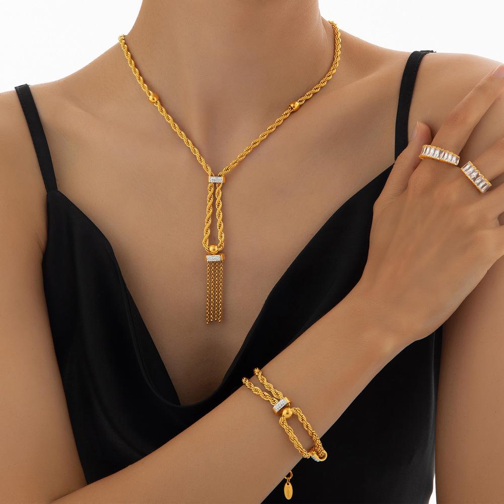 Trendy Simple Diamond Drop Glaze Design Sense Jewelry Geometric Double Twist Chain Titanium Steel Jewelry Set