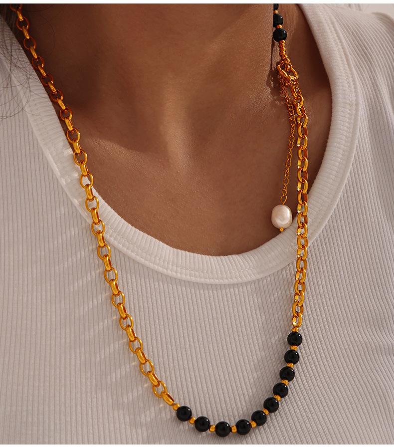 Fashion Retro Court Style Titanium Steel Gold Plated Natural Tiger Eye Freshwater Pearl Handmade Beaded Necklace