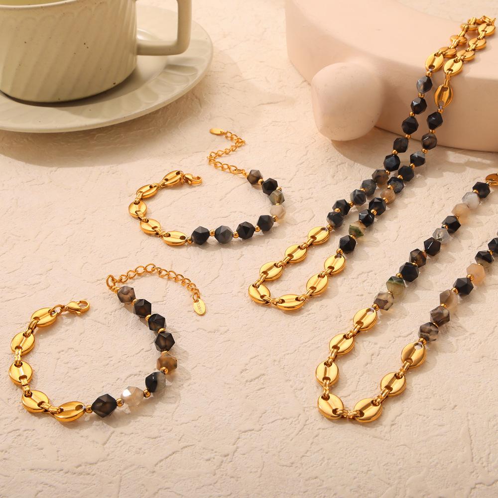 Irregular Natural Stone Titanium Steel Gold Plated Handmade Beaded Necklace Bracelet Set