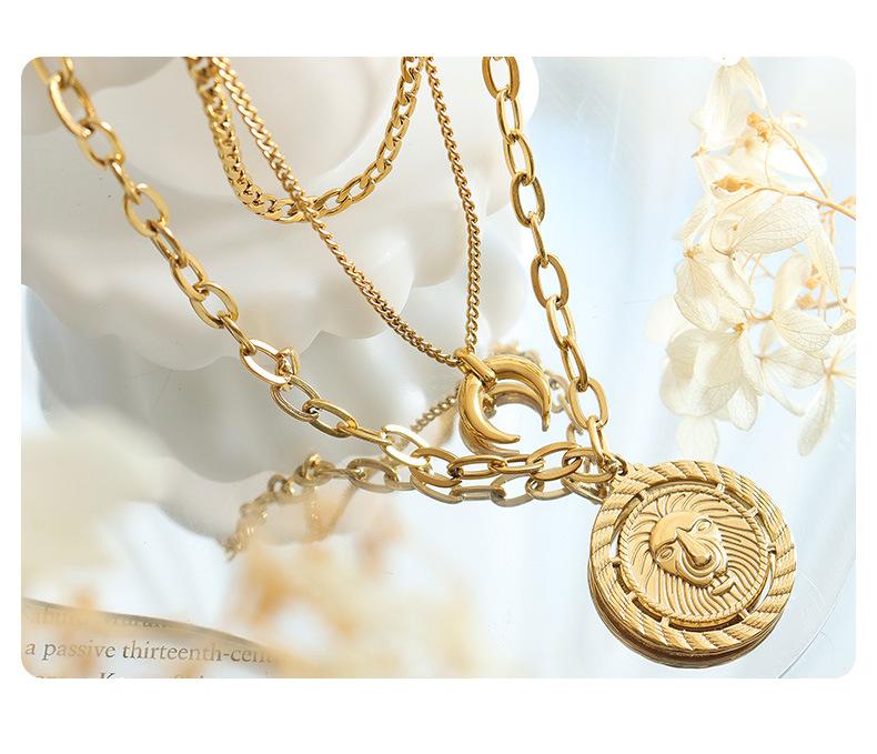 Three Layer Stacked Necklace Moon Lion Round Pendant Clavicle Chain Titanium Steel Plated 18K Gold