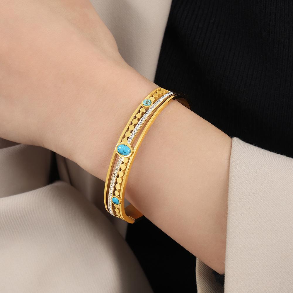 Palace Style Fashion Personality Hollow Titanium Steel Gold Plated Diamond Inlaid Turquoise Bracelet