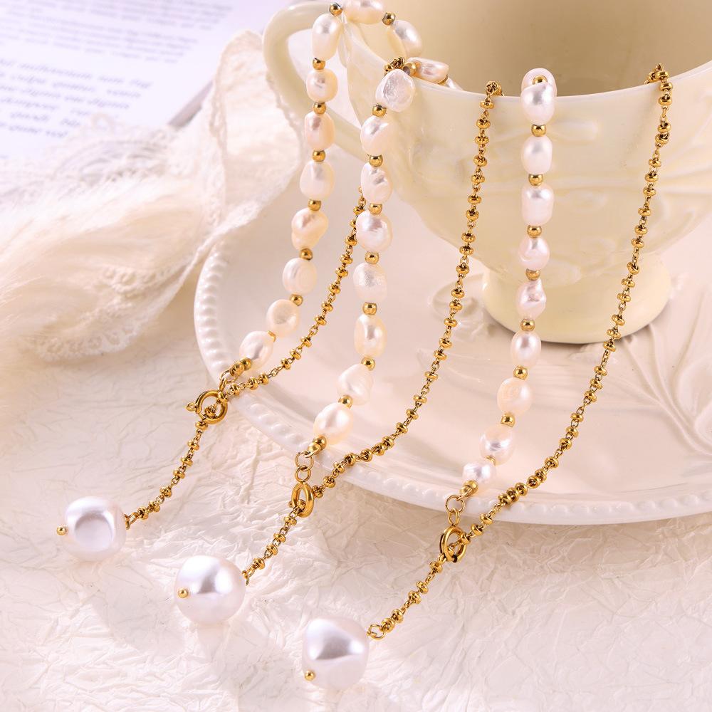 French Elegant Temperament Gentle Jewelry Freshwater Pearl Pendant Titanium Steel Necklace Pull Buckle Design Clavicle Chain