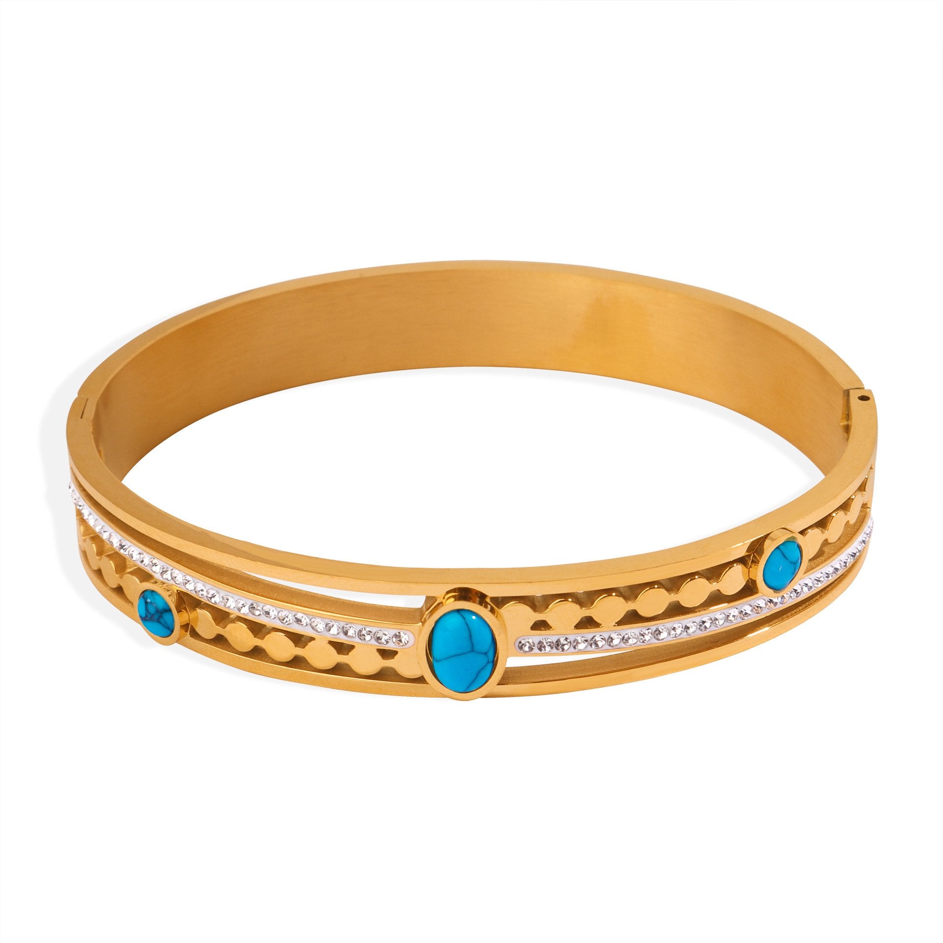 Palace Style Fashion Personality Hollow Titanium Steel Gold Plated Diamond Inlaid Turquoise Bracelet