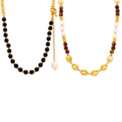 Fashion Retro Court Style Titanium Steel Gold Plated Natural Tiger Eye Freshwater Pearl Handmade Beaded Necklace