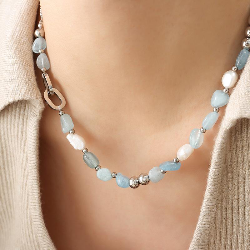 Light Luxury Fashionable Mix And Match Freshwater Pearl Blue Natural Stone Chain Distinctive Necklace