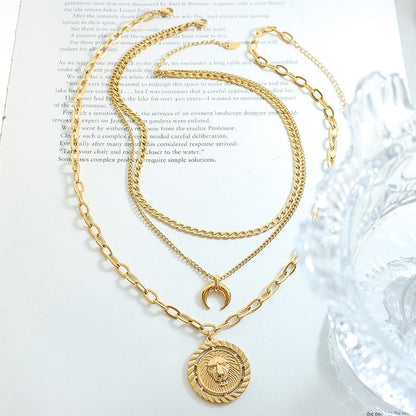 Three Layer Stacked Necklace Moon Lion Round Pendant Clavicle Chain Titanium Steel Plated 18K Gold