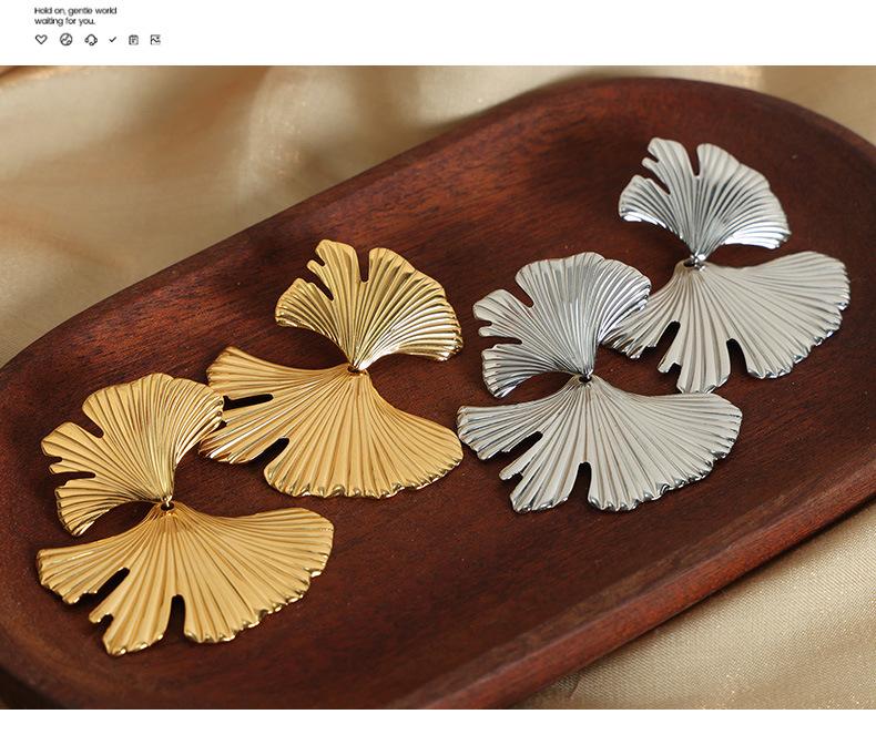 Light Luxury Vintage Fresh All-match Titanium Steel Gold Plated Ginkgo Leaf Earrings